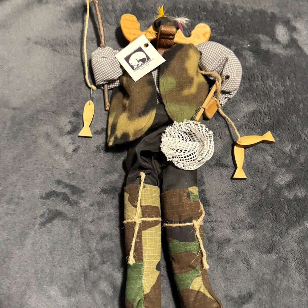 Wooden Moose Fisherman Doll in Camo Outfit